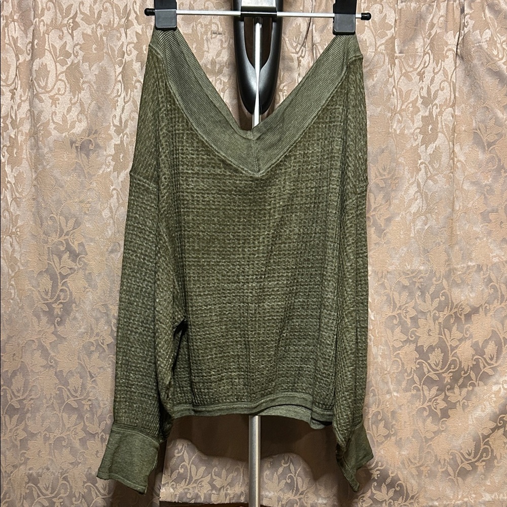 We The Free Olive Off-the-Shoulder Waffle Knit Sweater